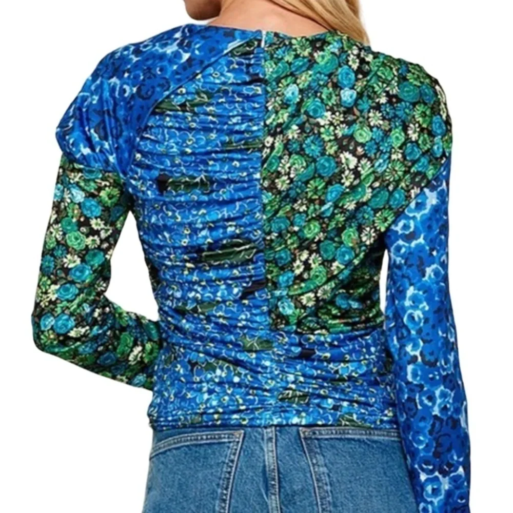 ZARA Patchwork Floral Blouse Top Keyhole Neckline Ruched Draped Cape Sleeve NWOT - Picture 10 of 16
